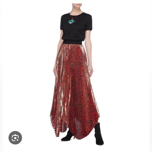 Alice + Olivia Katz Metallic Red Leopard Print Pleated Maxi Skirt Size 6 - Picture 2 of 7